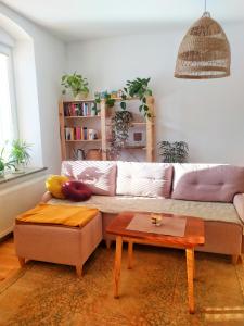 uma sala de estar com um sofá e uma mesa em Apartament Borówka em Jedlina-Zdrój