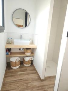 a bathroom with a sink and a mirror at Maisonnette avec terrasse in Saint-Maurice-lès-Châteauneuf