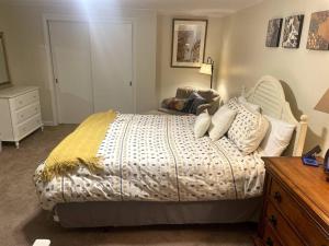 um quarto com uma cama, uma cadeira e uma cómoda em Streamview Retreat near I-77/40 em Statesville