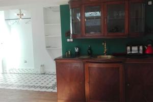 a kitchen with a sink and a green wall at Z widokiem- Old Town in Kraków
