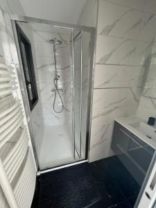 a shower stall in a bathroom with a sink at Chambre double balcon vue mer in Brest