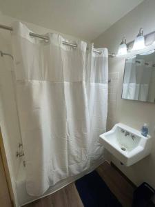 a bathroom with a shower curtain and a sink at Liberty Valley Short Term Rental - 27 in Madison