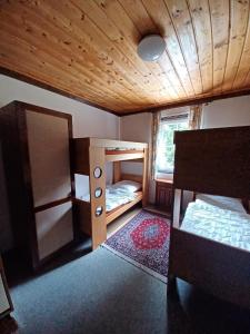 1 Schlafzimmer mit 2 Etagenbetten und einer Holzdecke in der Unterkunft Beide Ferienwohnungen befinden sich direkt am kleinen Bergsee mit Blick auf den Wald in Mariánská