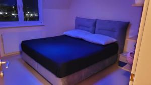 a bed with blue pillows in a purple room at Alex & Nicol in Gänserndorf