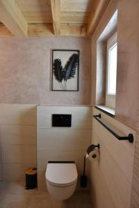 a bathroom with a toilet and a picture of feathers at Unterkunft la maisonette in Saignelégier