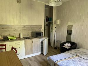 uma cozinha com um micro-ondas e uma cama num quarto em Studio avec wifi a Neris les Bains em Néris-les-Bains