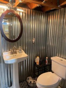 bagno con servizi igienici, lavandino e specchio di Restful Retreat a Grantsburg