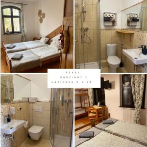 a collage of four pictures of a bathroom at Agroturystyka Bobrowniki in Szczytna