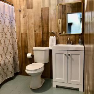 La salle de bains est pourvue de toilettes, d'un lavabo et d'un miroir. dans l'établissement Caribbean Sunshine Villa, à Aguadilla