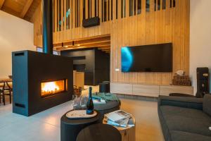 a living room with a fireplace and a tv at Aparthouse Lubno in Frýdlant nad Ostravicí