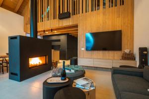 sala de estar con chimenea y TV en Aparthouse Lubno en Frýdlant nad Ostravicí