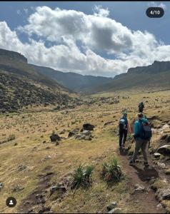 Un groupe de personnes se promenant sur un chemin de terre dans l'établissement King Dawit Ethiopia Tours & Travel, à Addis-Abeba