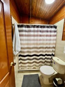 a bathroom with a toilet and a shower curtain at Gue Guatok in Salento