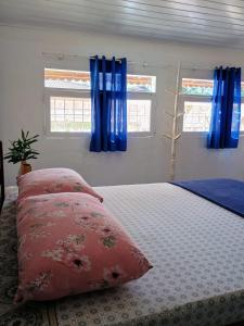 1 dormitorio con 2 almohadas en una cama con cortinas azules en Hostel 7 praias en Ubatuba