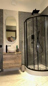 La salle de bains est pourvue d'une douche et d'un lavabo. dans l'établissement Quick Trip Apartments Toruń, à Toruń