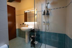 uma casa de banho com um lavatório e um chuveiro em Relax tra il legno e il verde em Piacenza