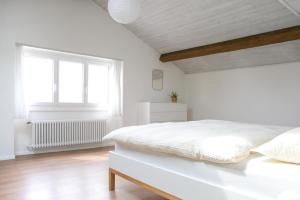 ein weißes Schlafzimmer mit einem großen Bett und einem Fenster in der Unterkunft Casa Lucertola - Freistehendes Tessinerhaus weit oberhalb des Lago Maggiore mit fantastischer Aussicht in Contra