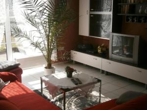 a living room with a couch and a tv and a table at Gemütliche Wohnung in Liggersdorf mit Grill, Garten und Terrasse - b48489 in Hohenfels