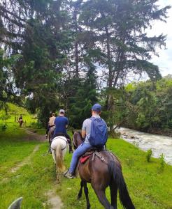 a group of people riding horses down a trail at Gue Guatok in Salento