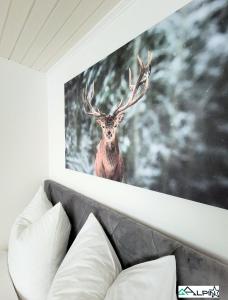a picture of a deer on the wall above a couch at Ferienwohnung Alpinstar - inklusive Oberstaufen Plus in Oberstaufen