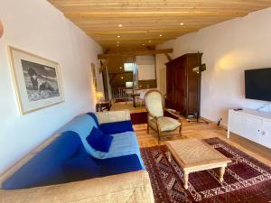 a living room with a blue couch and a tv at Gîte et Roulotte dans les Vosges in Remiremont