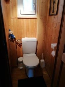 een kleine badkamer met een toilet en een raam bij Ferienhaus Rheintalblick - b48550 in Oberegg