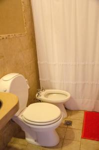 a bathroom with a toilet and a shower curtain at Hosteria Felipa Pastor - Ex Munay Humahuaca in Humahuaca