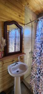 a bathroom with a sink and a mirror and a shower at Cabañas Potrero de Marquez in Potrero de Garay