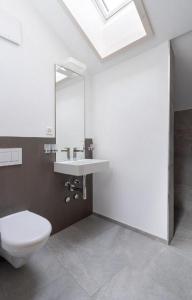 y baño con aseo, lavabo y espejo. en Bijou - BioBergün - b48615, en Bergün