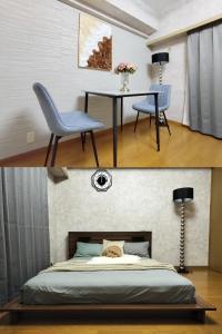 una camera da letto con un letto, una scrivania e una sedia di B25新宿最中心 新宿站10分-Shinjuku center 10 mins to Station, Max 4 直达新宿 涉谷 表参道 池袋 上野 代代木 银座 原宿 a Tokyo