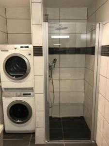 une douche avec un lave-linge et un lave-linge dans l'établissement Ferienwohnung Diala - b48608, à Lenz