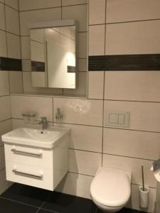 a bathroom with a toilet and a sink and a mirror at Ferienwohnung Diala - b48608 in Lenz