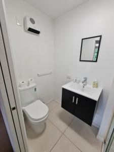 Baño blanco con aseo y lavamanos en Dunedin City Centre Apartment Room B, en Dunedin