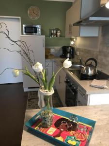 um balcão de cozinha com um vaso com flores em Garten-Traum, im Erdgeschoss mit direktem Zugang zum Garten - b48659 em Pünderich