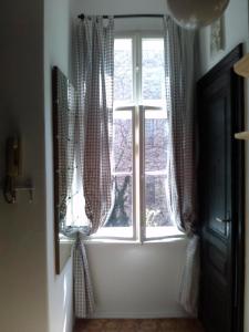 een raam met geruite gordijnen in een kamer bij Wohnung in Hernals mit Garten - b48752 in Wenen