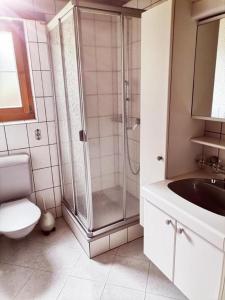La salle de bains est pourvue d'une douche, de toilettes et d'un lavabo. dans l'établissement Neu eingerichtete Ferienwohnung im Haslital - b48815, à Innertkirchen