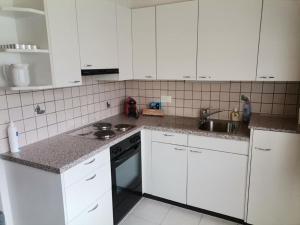 una cocina con armarios blancos y fregadero en Neu eingerichtete Ferienwohnung im Haslital - b48815, en Innertkirchen