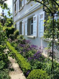 un giardino con fiori viola di fronte a una casa di Kleines, cooles Loft im Appenzellerland - b48859 a Gais