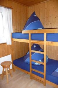ソーレンベルグにあるFerienwohnung Saturn - b48834の二段ベッド(青い枕付)が備わるキャビンです。
