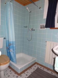 La salle de bains est pourvue d'une douche, de toilettes et d'une baignoire. dans l'établissement Chalet Huusli - b48809, à Axalp