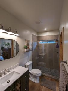 uma casa de banho com um chuveiro, um WC e um lavatório. em Cozy Cottage 2BD/2BA, 2 Covered Decks, Patio Dinning, Newly Built! em Pinetop-Lakeside