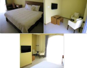 2 fotos de un dormitorio con cama y escritorio en Polaris Hotel, 