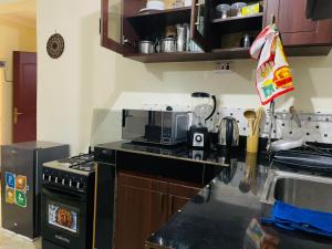 a kitchen with a counter top with a stove and a microwave at Muggiez Olive, Kira in Kampala