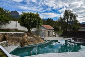 a swimming pool with a tree on a rock at The Siena Village in Chinnakanal