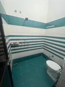 La salle de bains bleue et blanche est pourvue de toilettes et d'une douche. dans l'établissement Grewal homestay, à Jalandhar