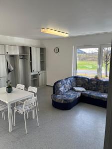 a living room with a couch and a table at Geräumiges Monteurzimmer für 2 Personen in Lauda-Königshofen