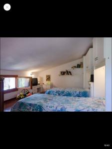 a bedroom with a large bed with blue sheets at Casa Porticciolo in Rio Marina