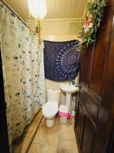 a small bathroom with a toilet and a sink at Peace and love house in Santa Cruz