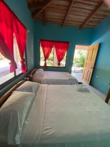 a bedroom with two beds and two windows with red curtains at Cabinas La Casona Del Pirata in La Cruz