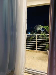 Zimmer mit einem Fenster und Blick auf eine Palme in der Unterkunft Muggiez Olive, Kira in Kampala